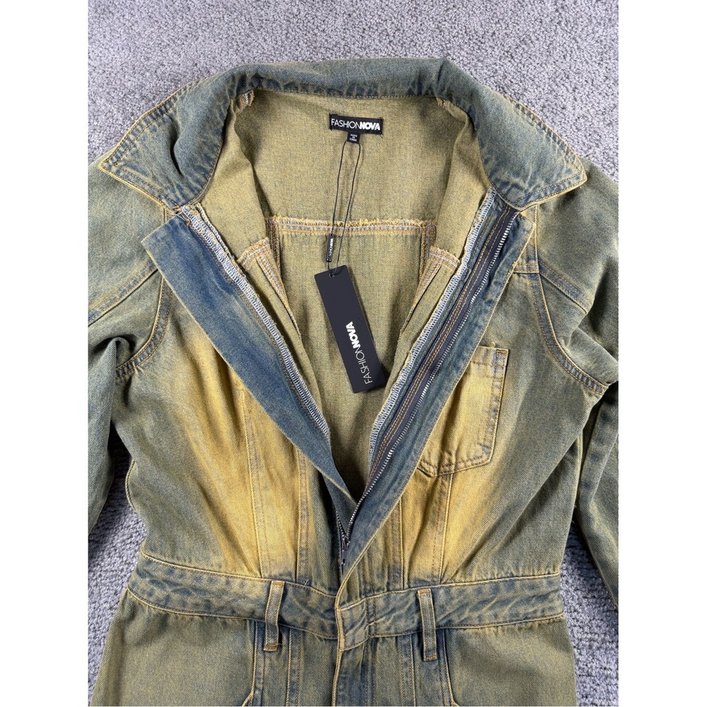 Fashion Nova Treat You Well Vintage Wash Denim Jumpsuit Green Yellow Medium NEW - Picture 3 of 10